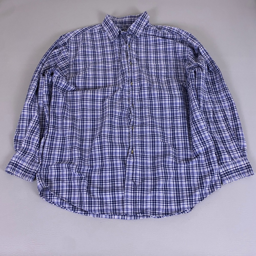 Basic Editions Button Down Shirt Men's XLT Blue Plaid Long Sleeve Cotton *Flawed
